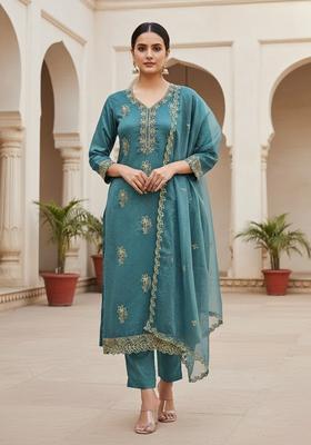 Teal Blue Embroidery Organza Salwar Kameez