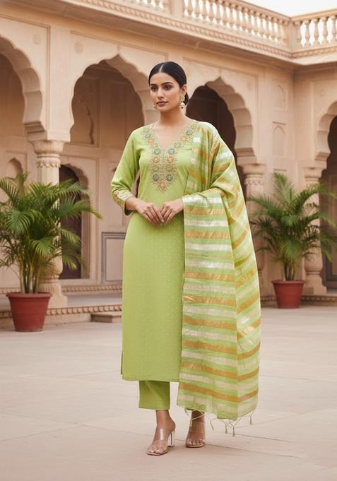 Light Green Embroidery Chanderi Salwar Kameez