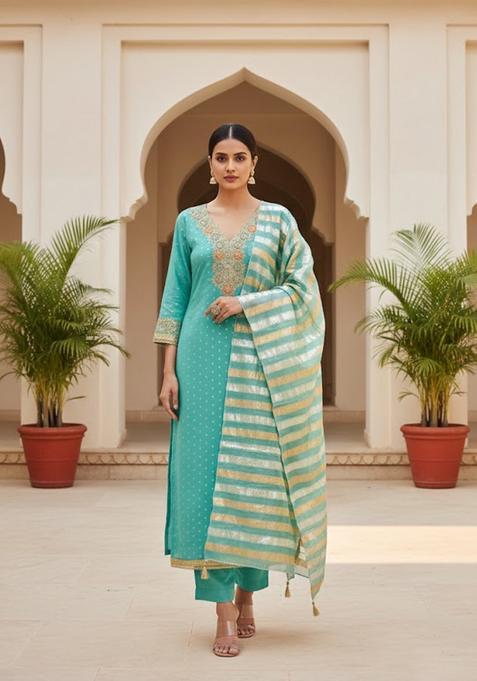 Sea Green Embroidery Chanderi Salwar Kameez