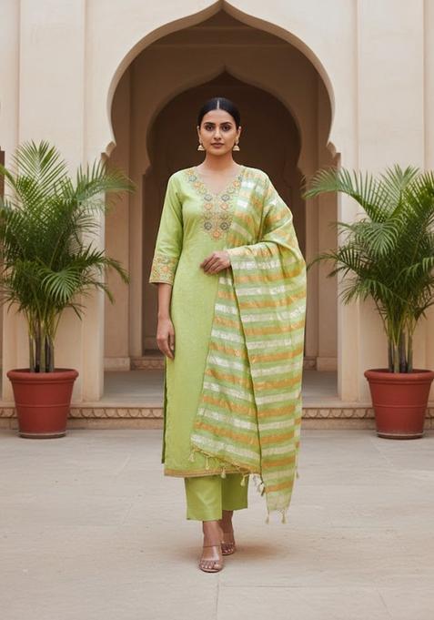 Light Green Embroidery Chanderi Salwar Kameez