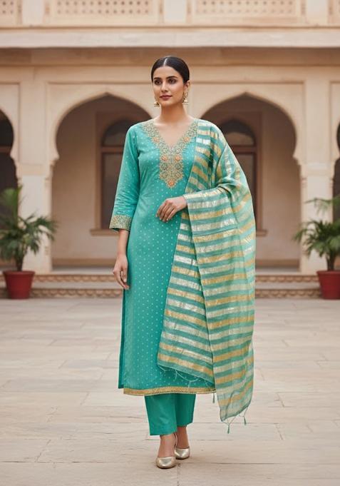Sea Green Embroidery Chanderi Salwar Kameez