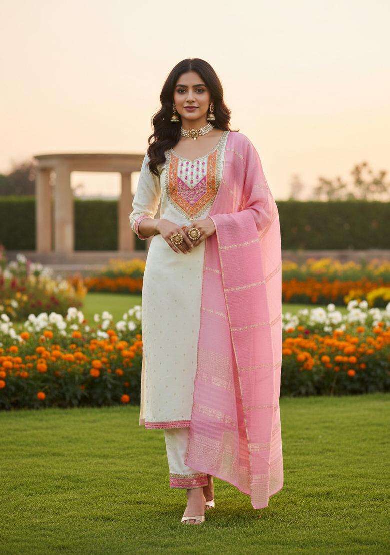 Pink Embroidered Modal Straight Kurta Set - Indya