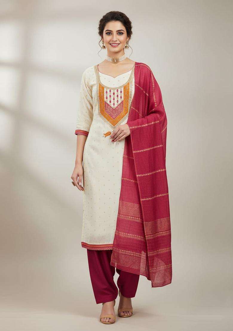 Red Embroidered Modal Straight Kurta Set - Indya