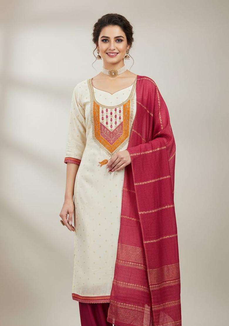 Red Embroidered Modal Straight Kurta Set - Indya