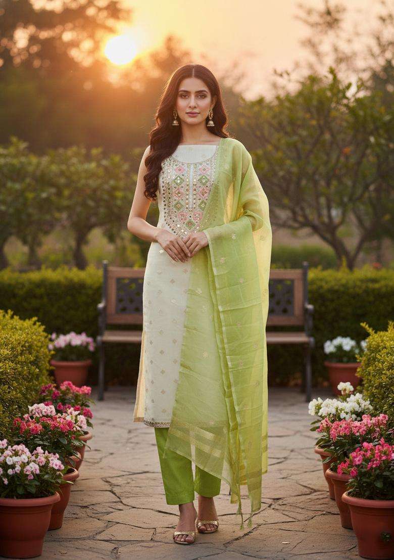 Pista Embroidered Jacquard Straight Kurta Set - Indya