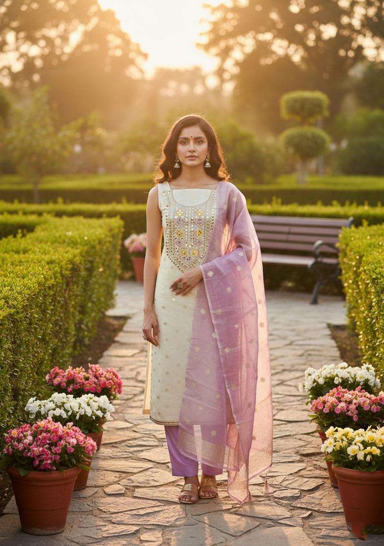 Lavender Embroidered Jacquard Straight Kurta Set - Indya