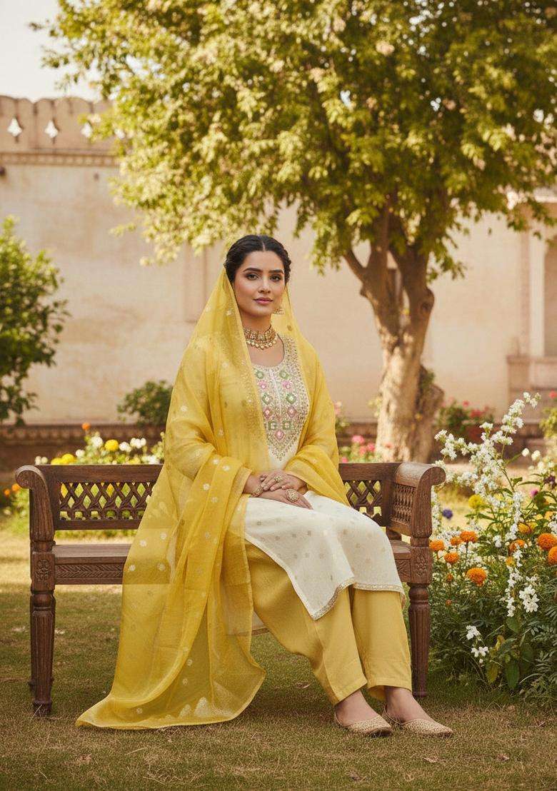 Yellow Embroidered Jacquard Straight Kurta Set - Indya