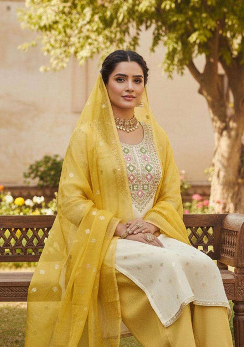 Yellow Embroidered Jacquard Straight Kurta Set - Indya
