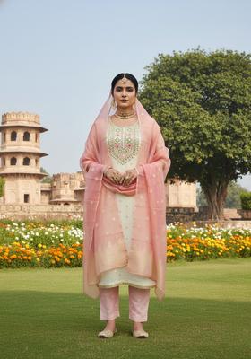 Peach Embroidery Jacquard Salwar Kameez