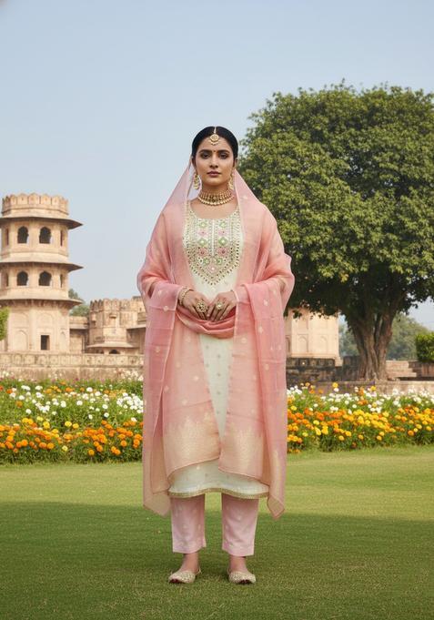 Peach Embroidery Jacquard Salwar Kameez
