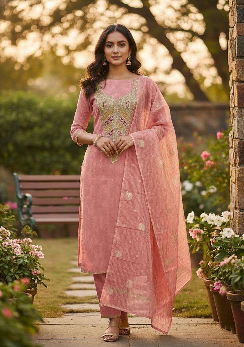 Peach Embroidered Jacquard Straight Kurta Set - Indya