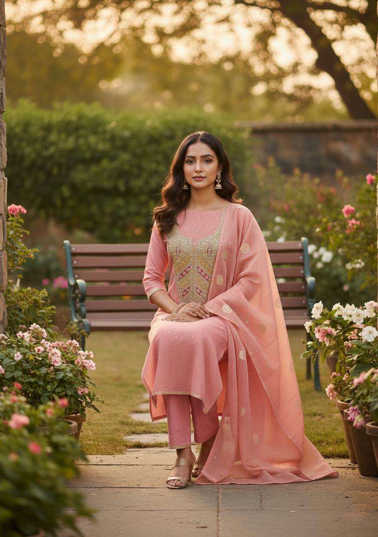 Peach Embroidered Jacquard Straight Kurta Set - Indya