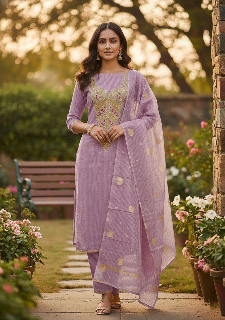 Lavender Embroidered Jacquard Straight Kurta Set - Indya