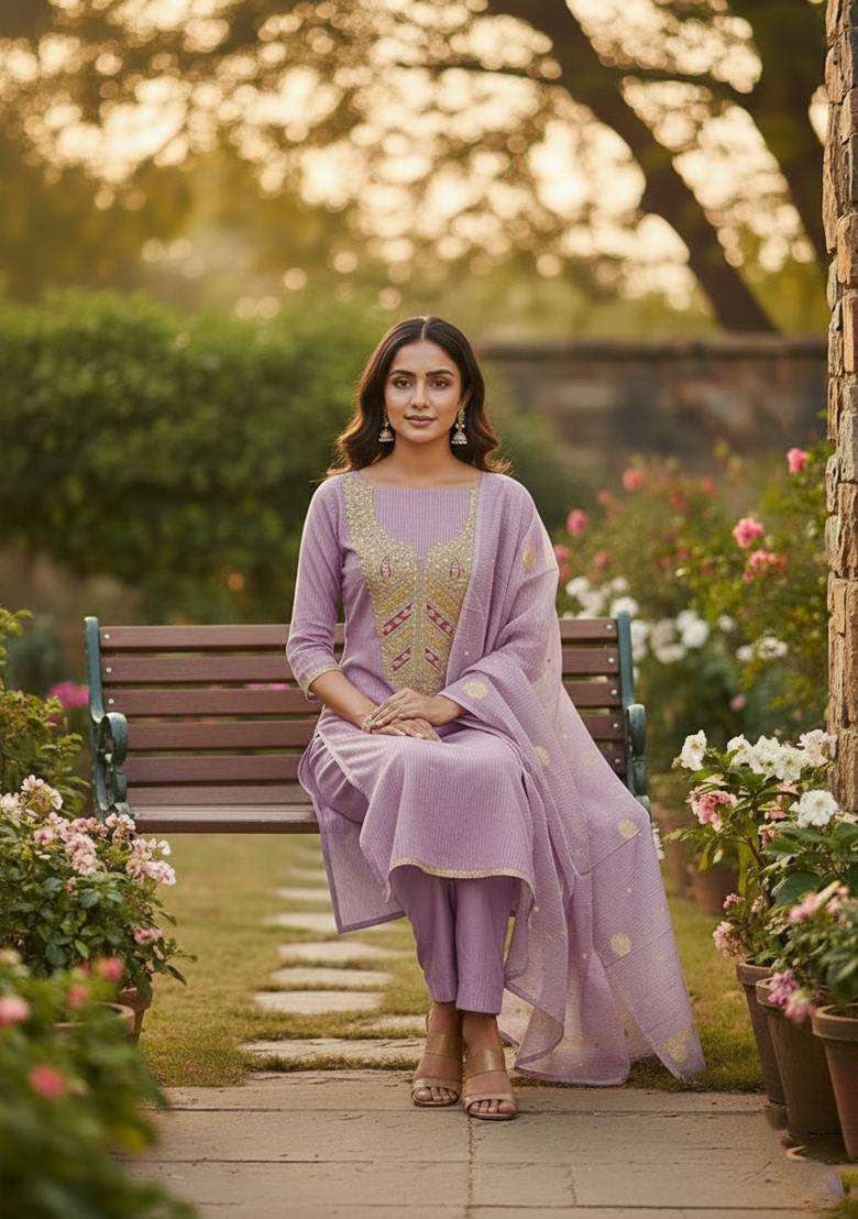 Lavender Embroidered Jacquard Straight Kurta Set - Indya