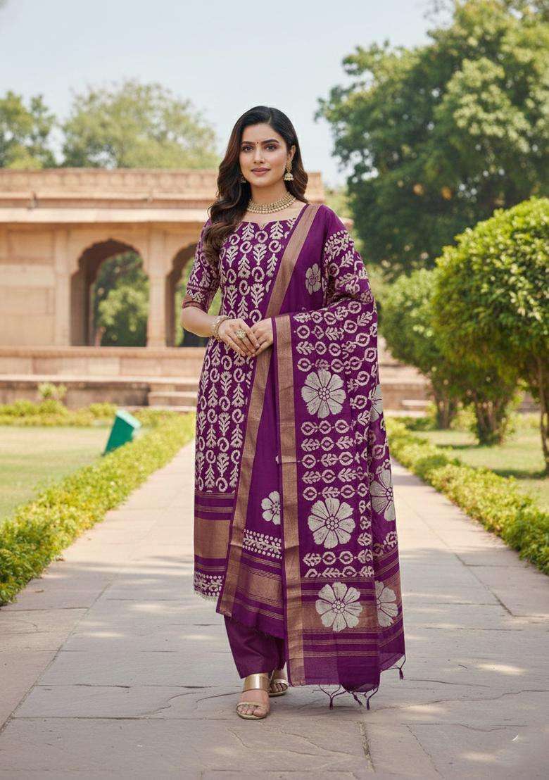 Purple Printed Silk Blend Straight Kurta Set - Indya