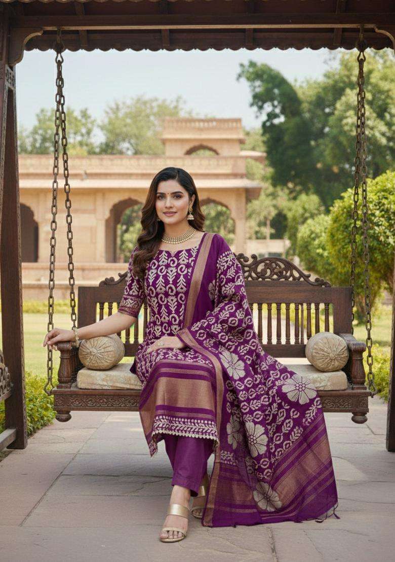 Purple Printed Silk Blend Straight Kurta Set - Indya