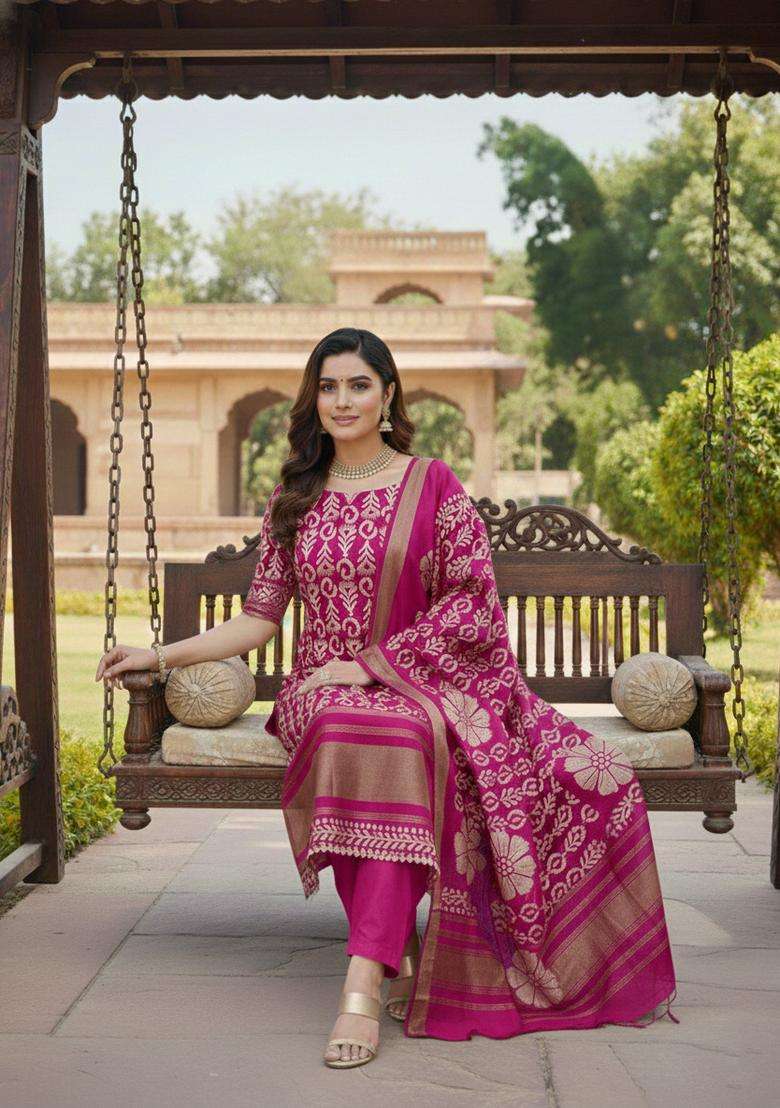 Pink Bandhani Silk Blend Straight Kurta Set - Indya