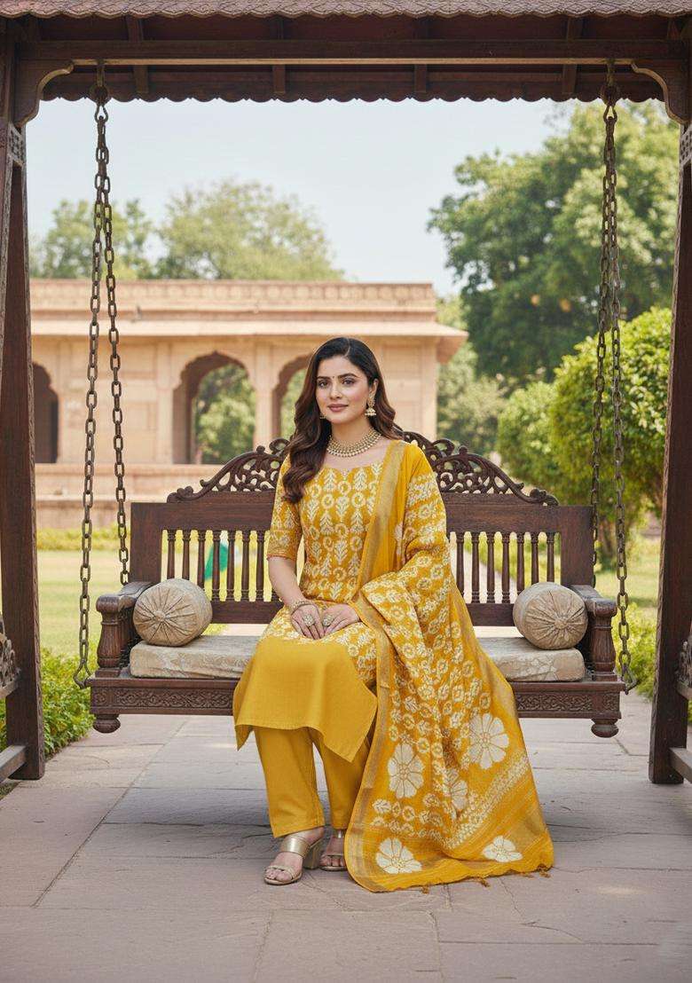 Yellow Printed Silk Blend Straight Kurta Set - Indya