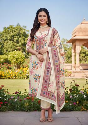 CREAM Digital Print Chinnon Salwar Kameez