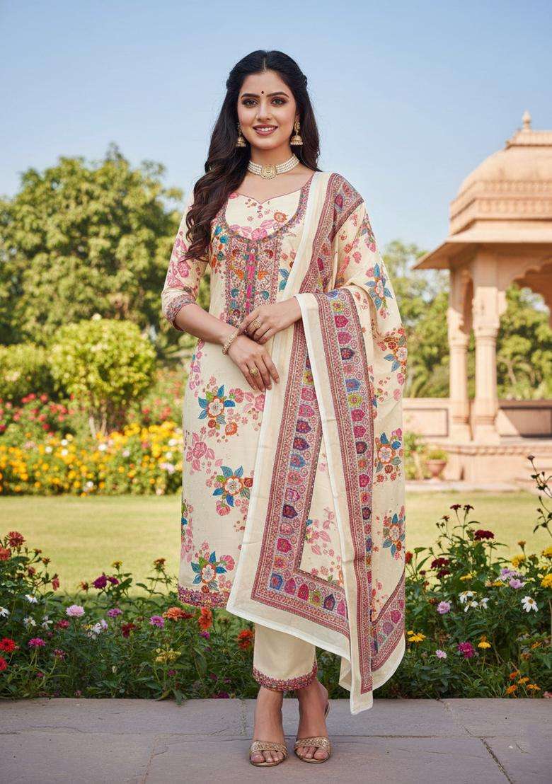 Cream Embroidered Chinon Straight Kurta Set - Indya