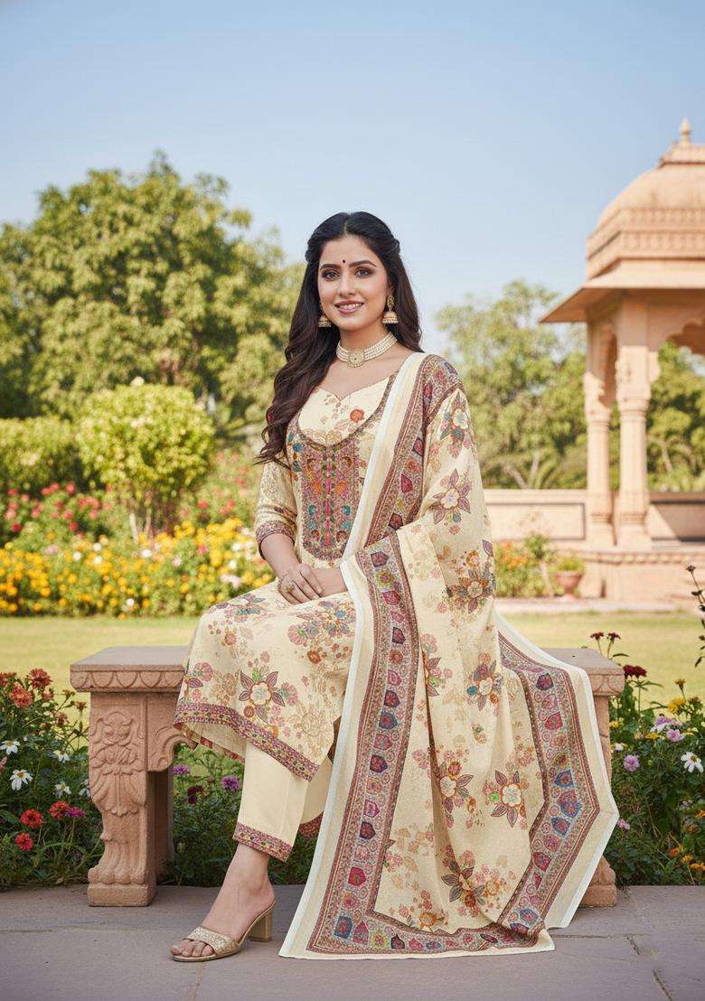 Cream Embroidered Chinon Straight Kurta Set - Indya