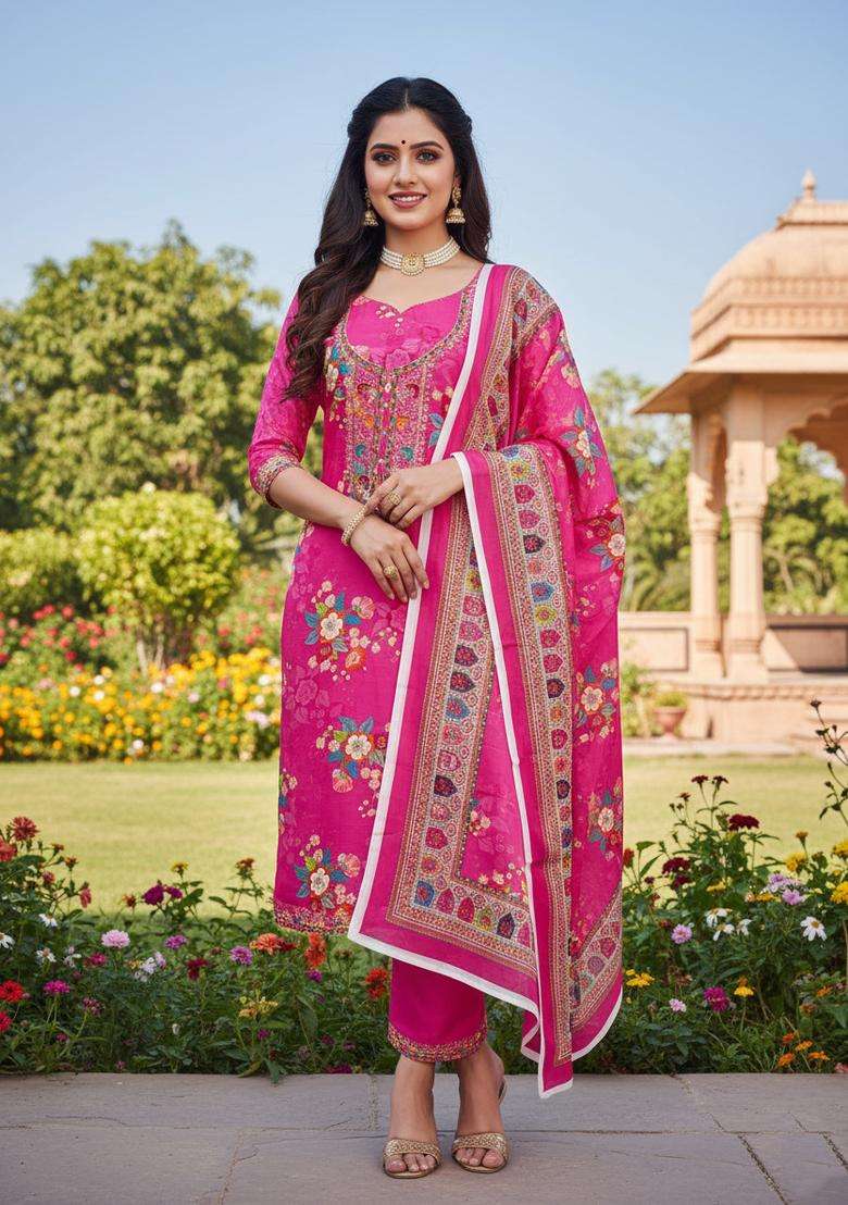 Pink Embroidered Chinon Straight Kurta Set - Indya