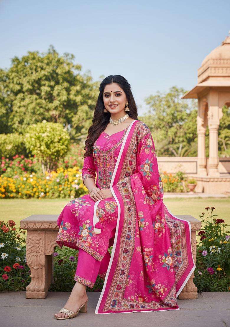 Pink Embroidered Chinon Straight Kurta Set - Indya