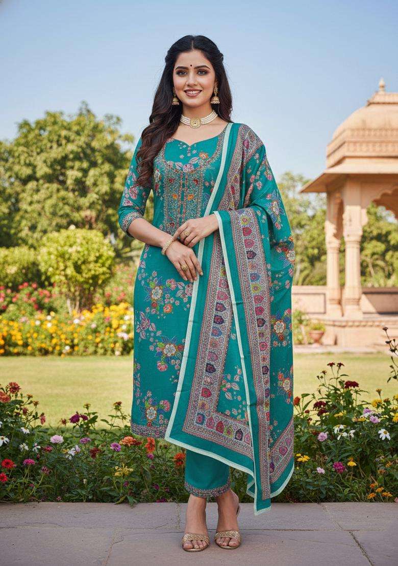 Rama Embroidered Chinon Straight Kurta Set - Indya