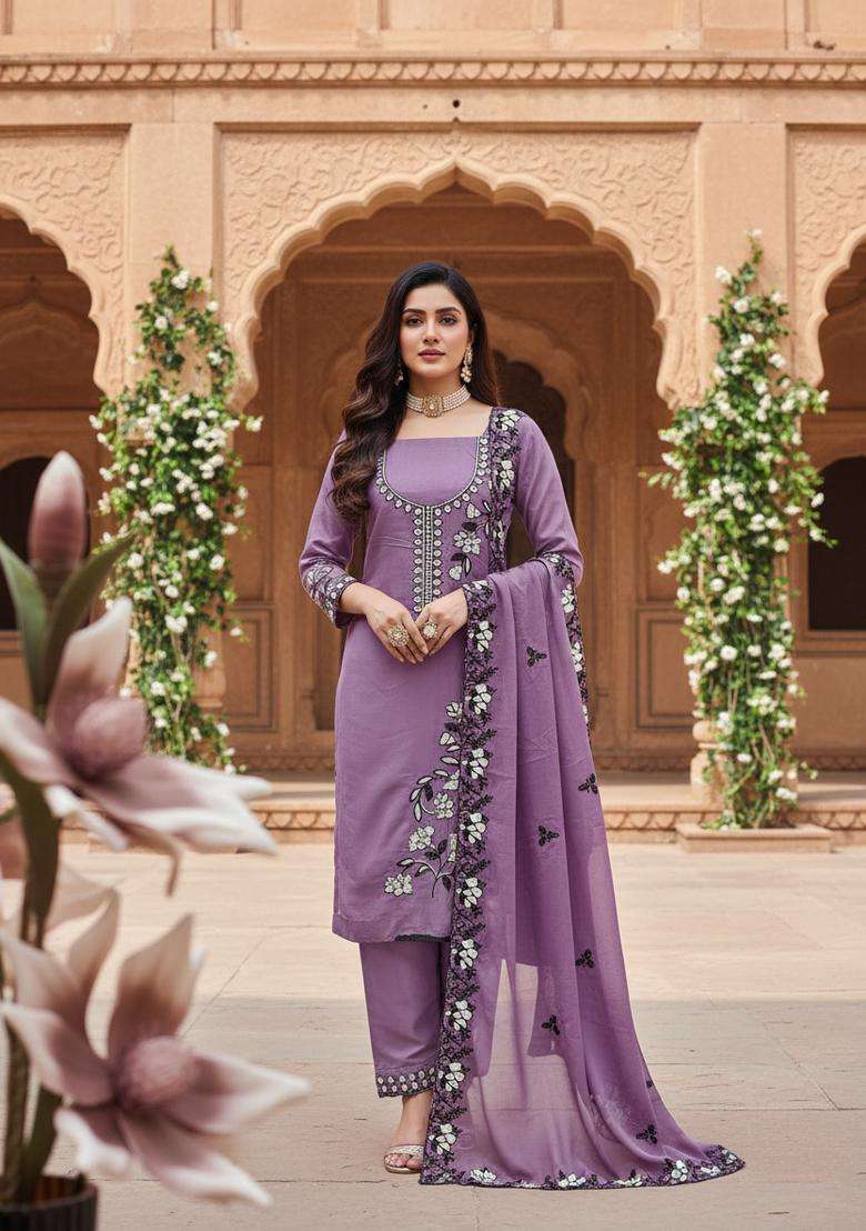 Beige Embroidered Georgette Straight Kurta Set - Indya
