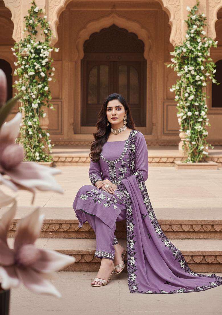 Beige Embroidered Georgette Straight Kurta Set - Indya