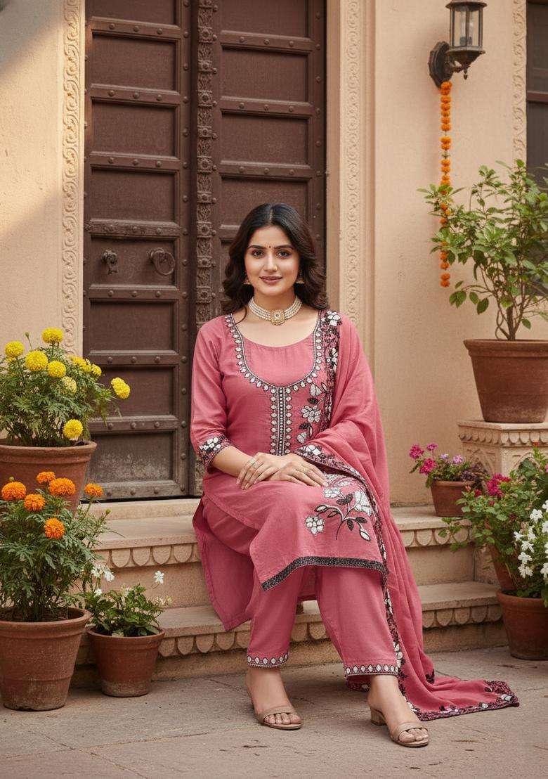 Peach Embroidered Georgette Straight Kurta Set - Indya
