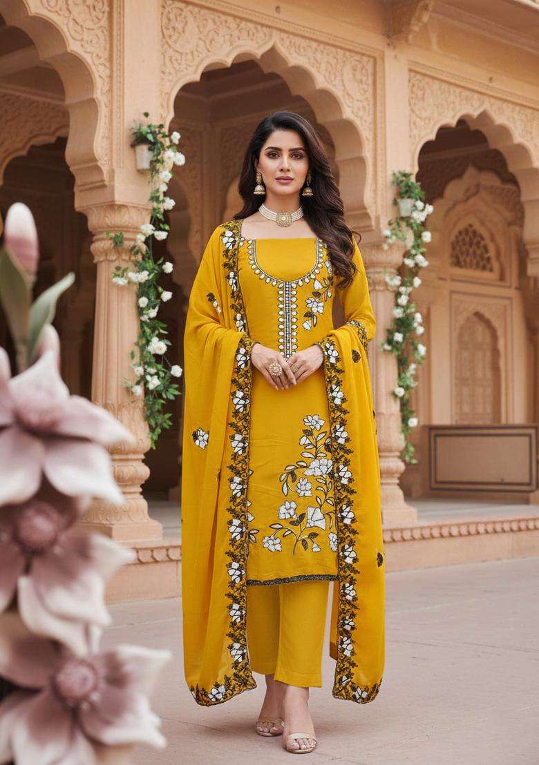 Yellow Embroidered Georgette Straight Kurta Set - Indya