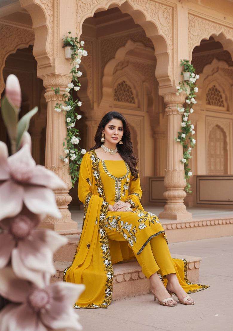 Yellow Embroidered Georgette Straight Kurta Set - Indya
