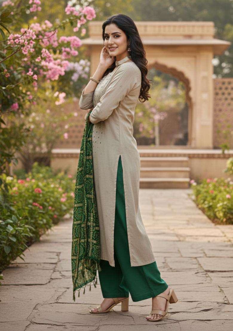Green Embroidered Silk Blend Straight Kurta Set - Indya