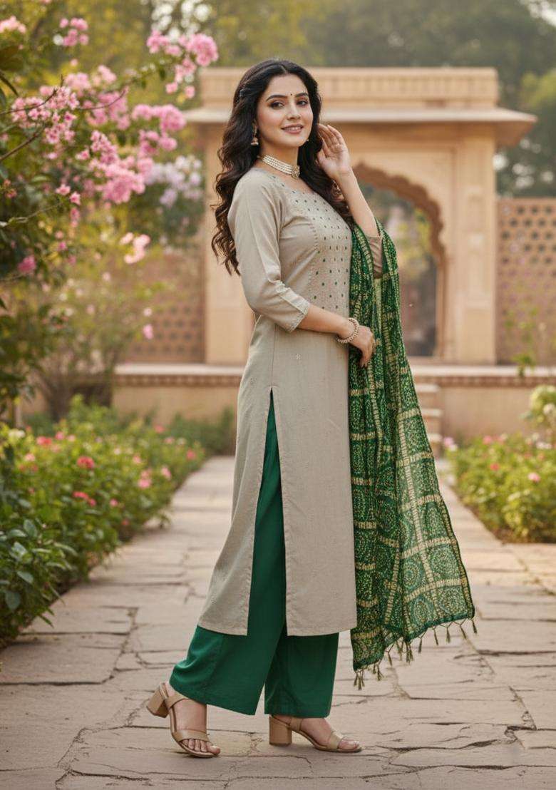 Green Embroidered Silk Blend Straight Kurta Set - Indya