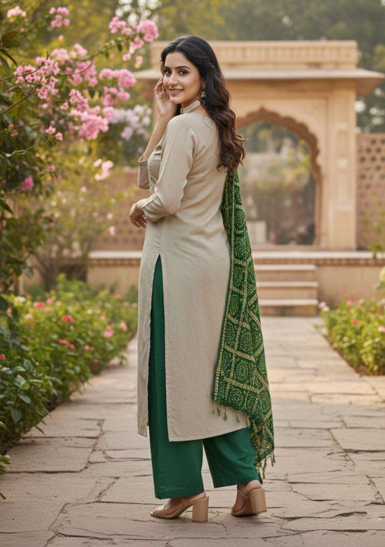Green Embroidered Silk Blend Straight Kurta Set - Indya