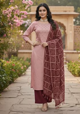 Peach Embroidery Silk Salwar Kameez