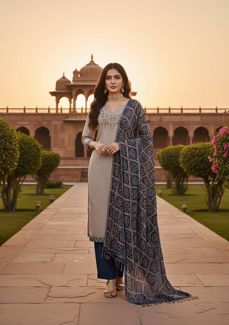 Grey Embroidered Silk Blend Straight Kurta Set - Indya