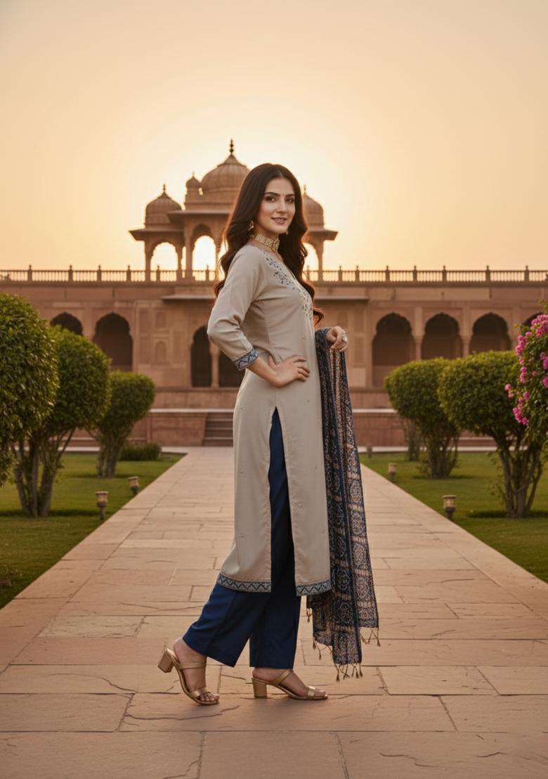Grey Embroidered Silk Blend Straight Kurta Set - Indya
