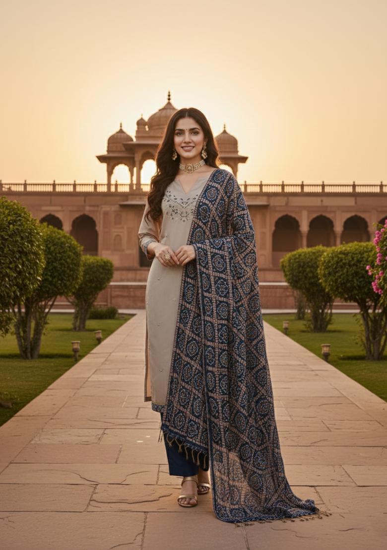 Grey Embroidered Silk Blend Straight Kurta Set - Indya