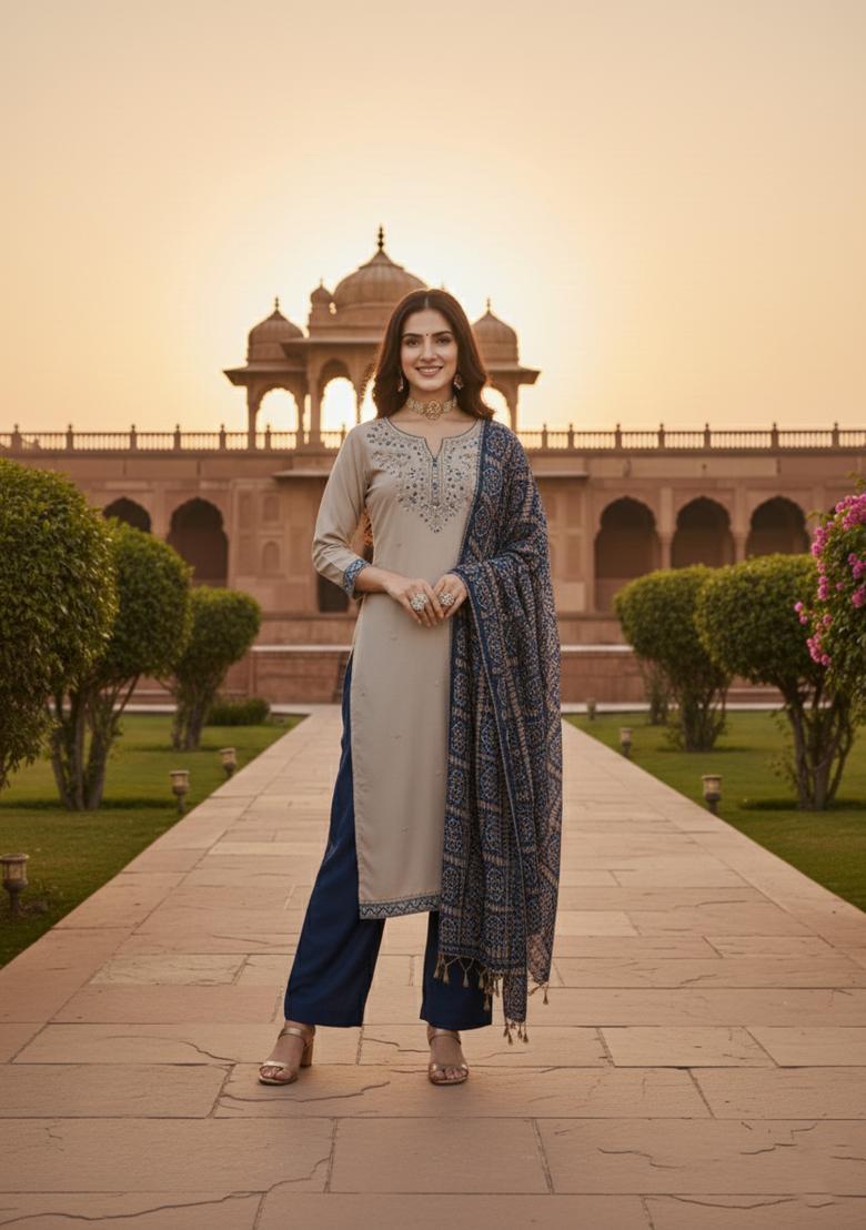 Grey Embroidered Silk Blend Straight Kurta Set - Indya
