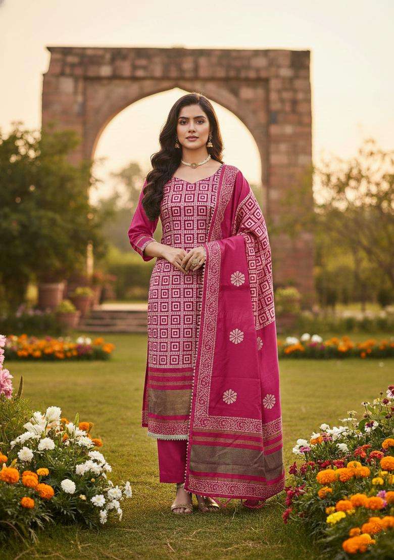 Pink Jacquard Jacquard Straight Kurta Set - Indya