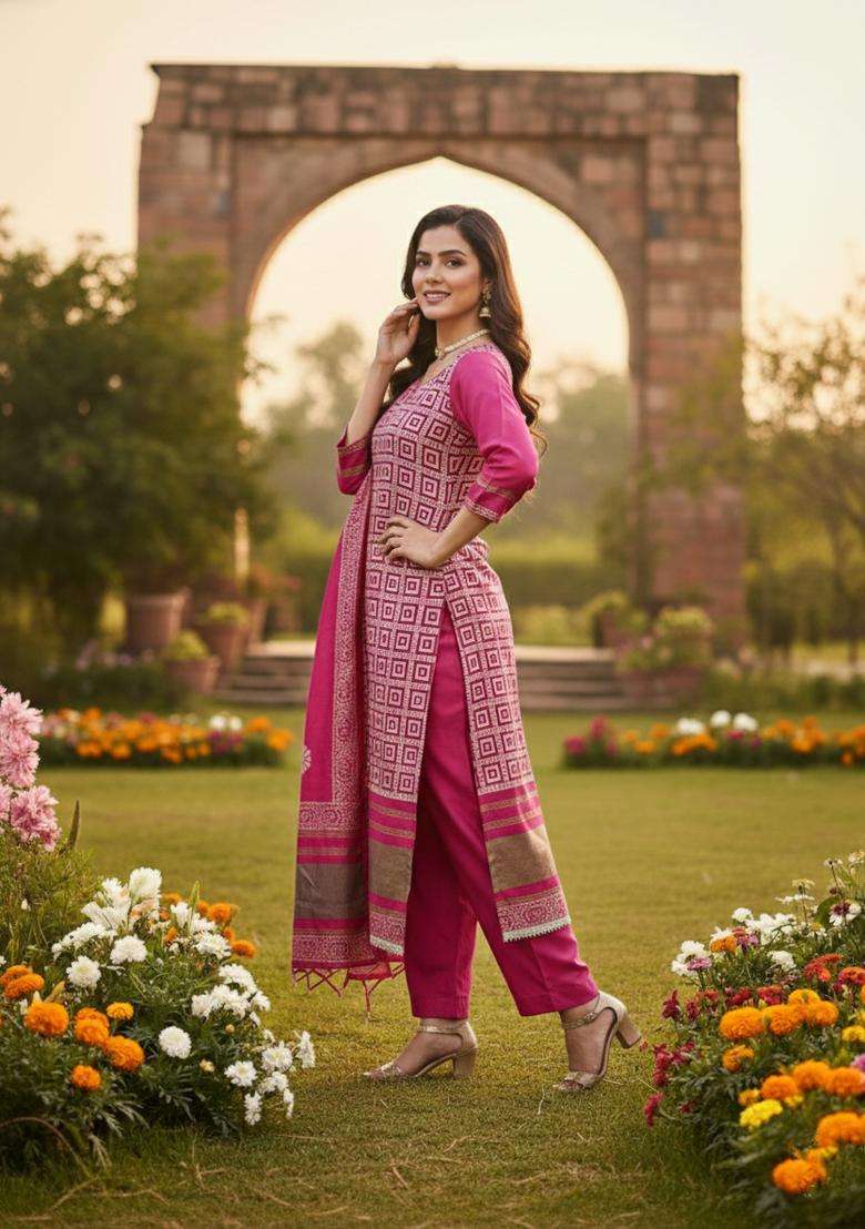 Pink Jacquard Jacquard Straight Kurta Set - Indya