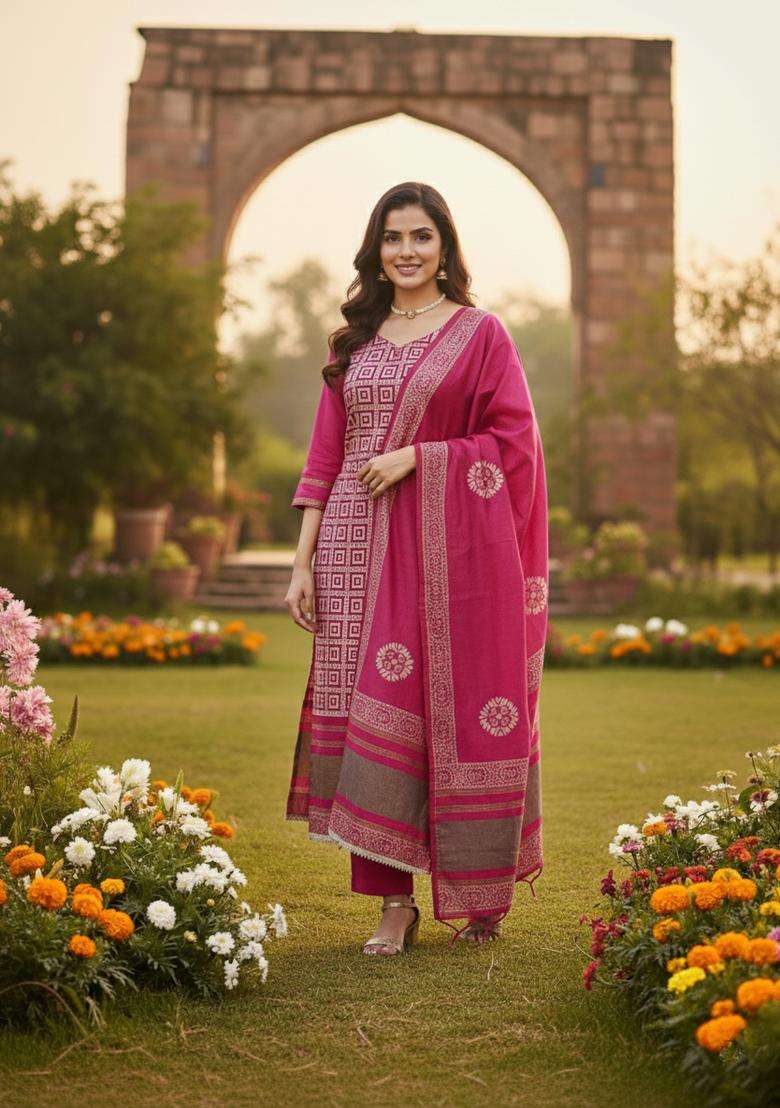 Pink Jacquard Jacquard Straight Kurta Set - Indya