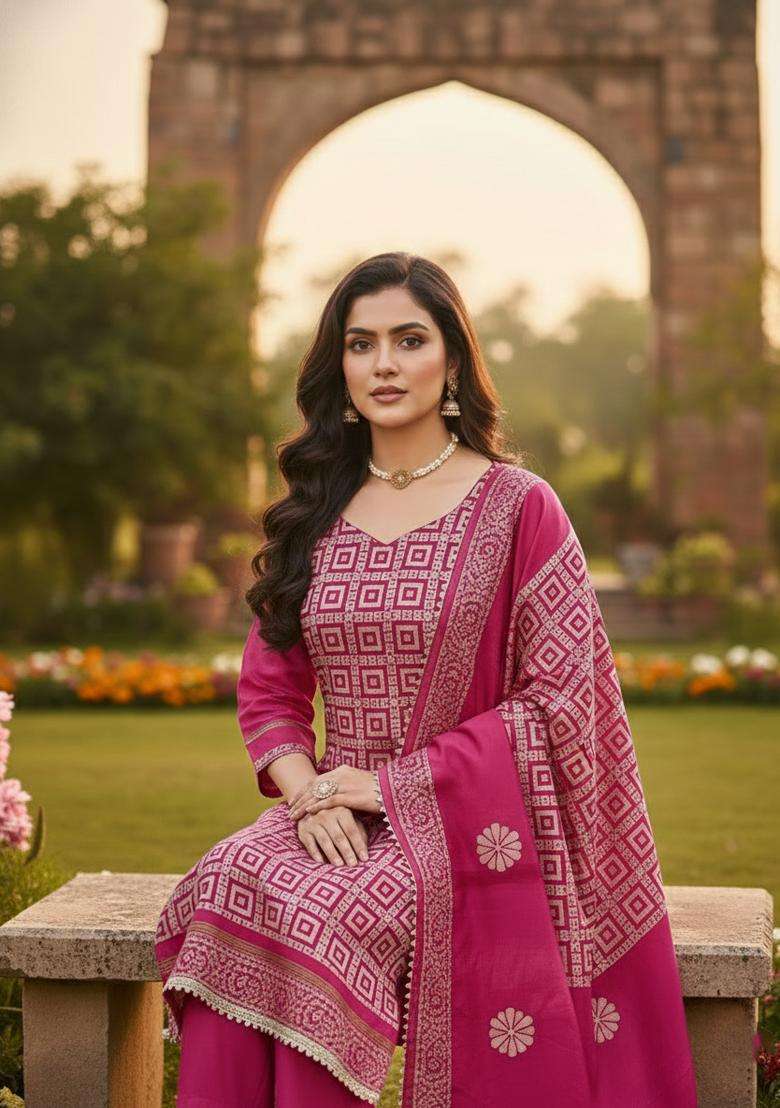 Pink Jacquard Jacquard Straight Kurta Set - Indya