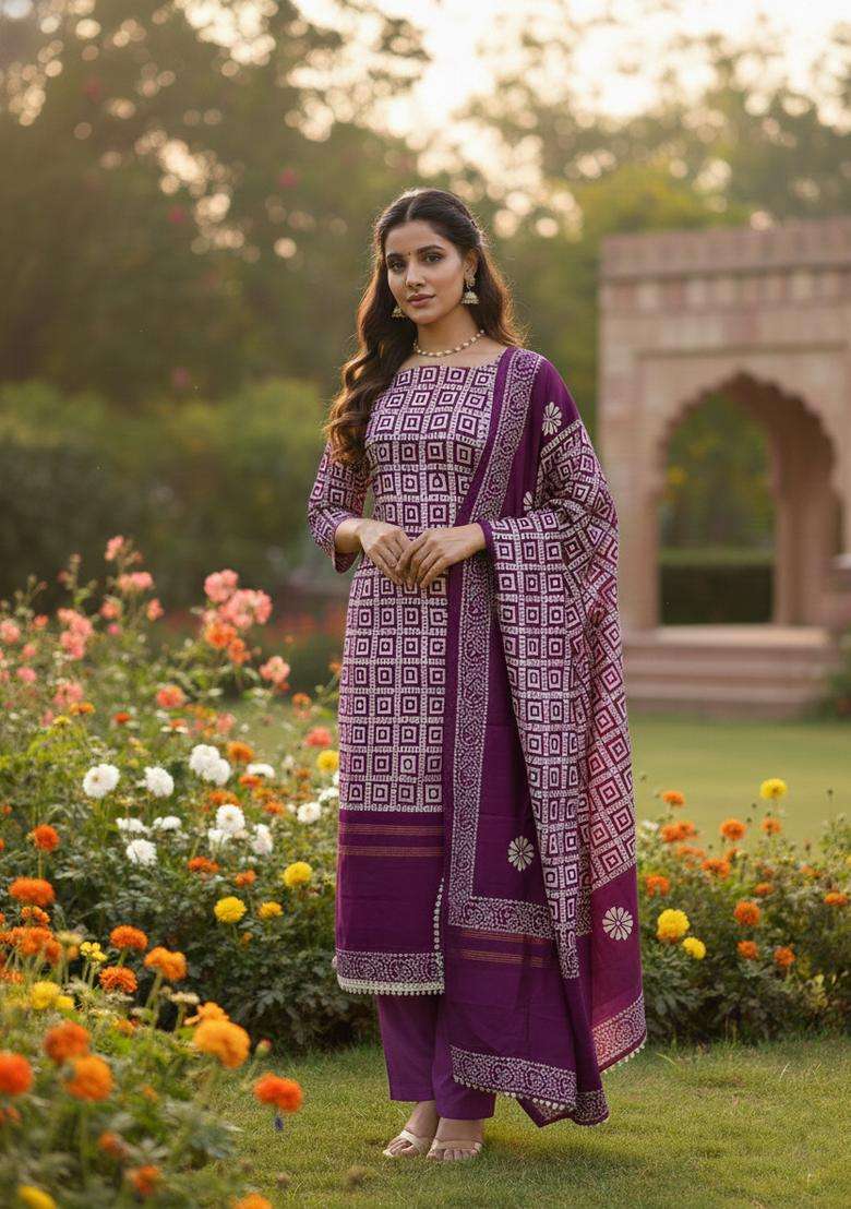 Purple Printed Jacquard Straight Kurta Set - Indya