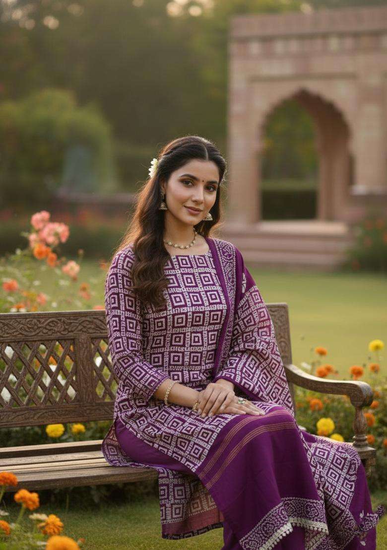 Purple Printed Jacquard Straight Kurta Set - Indya