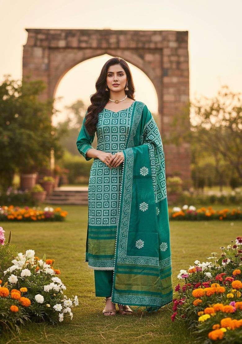 Rama Printed Jacquard Straight Kurta Set - Indya