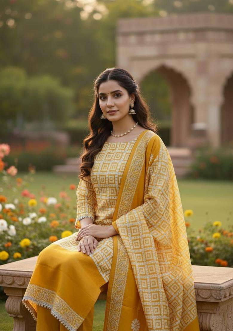 Yellow Printed Jacquard Straight Kurta Set - Indya