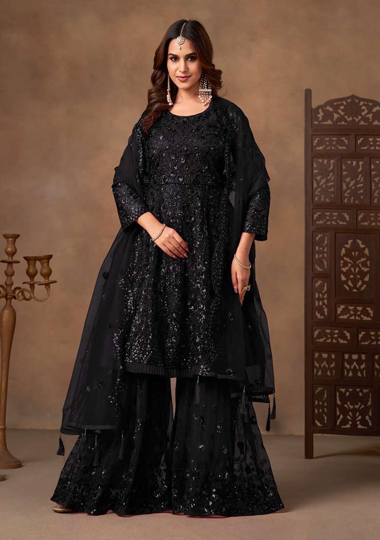 Black Embroidered Net Sharara Set - Indya